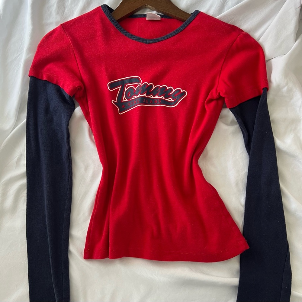 SOLD.  Tommy Hilfiger Red and Blue Fitted Long Sleeve Tee